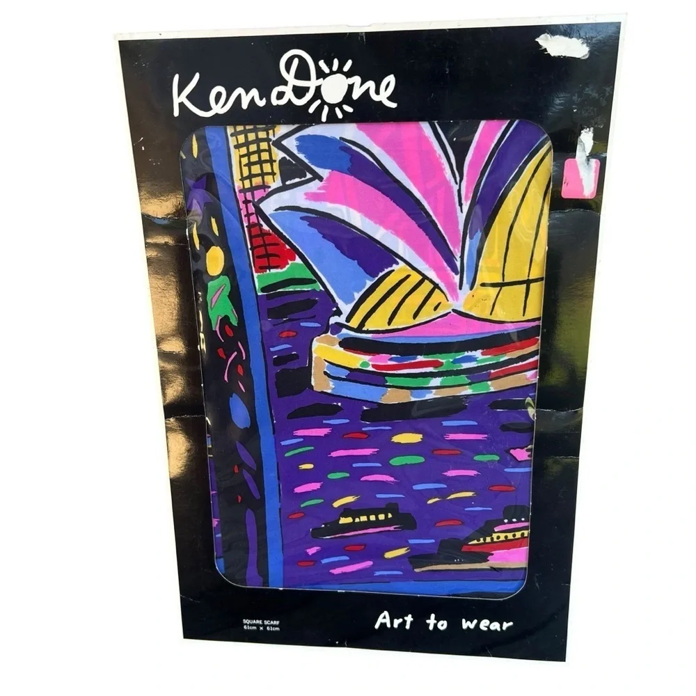 VTG Ken Done Sydney Harbor Night Firework Scarf Art-To-Wear Japan Colorful 24x24